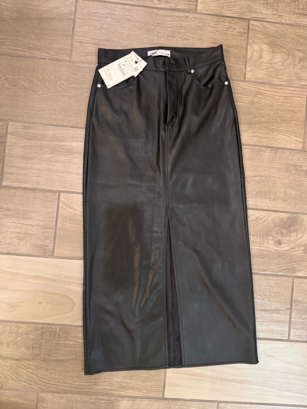 Zara Black Faux Leather Midi Skirt